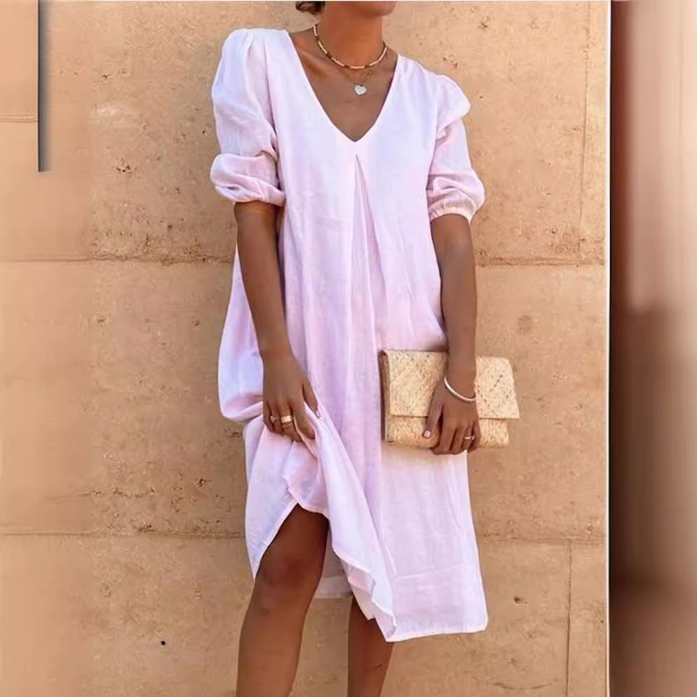 Robe en lin décontractée pour femmes avec décolleté en V et manches bouffantes Chic und Stil