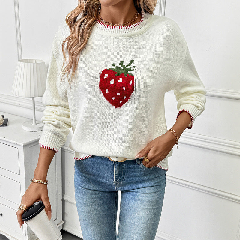 Pull en tricot pour femmes avec motif fruité de fraise et coupe décontractée Chic und Stil