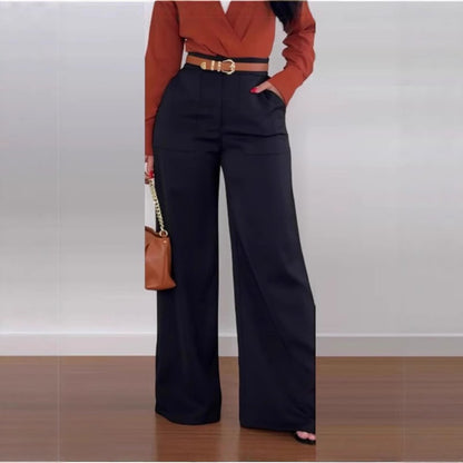 Ladies High-Waisted Wide-Leg Pants with Pockets Chic and Style