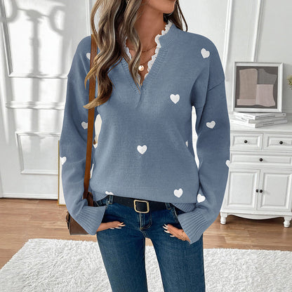 Dame pull en tricot avec motif cœur et décolleté en V Chic und Stil