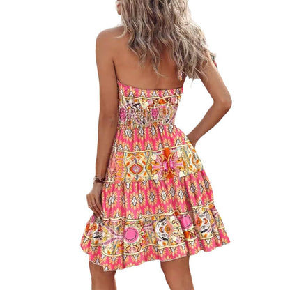 Femme Halter Cou Bohème Mini Robe Chic und Stil