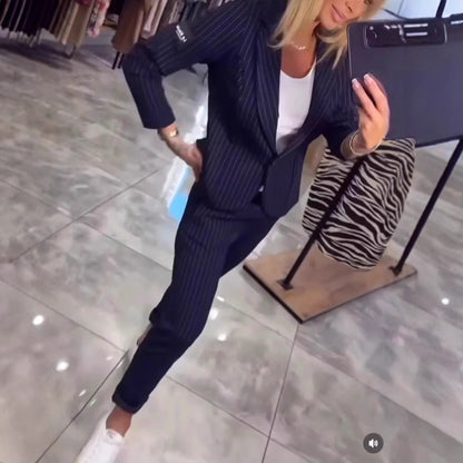 Women Elegant Blazer Set with Striped Pattern and Fitted Pants Chic and Style