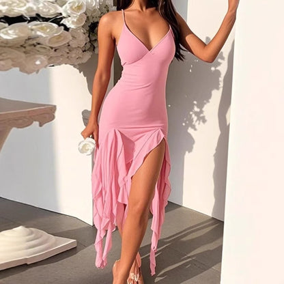 Robes maxi élégante pour femmes avec ourlet asymétrique et décolleté en V profond Chic und Stil