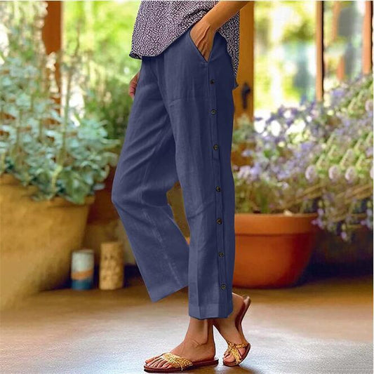 Linen pants for women with side button details and relaxed fit Chic and Style