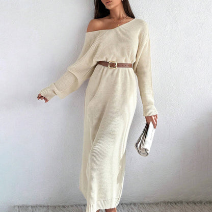 Robe en tricot décontractée pour femmes avec une coupe asymétrique et une ceinture élégante Chic und Stil