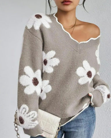 Pull en tricot pour femmes avec design floral et col en V Chic und Stil