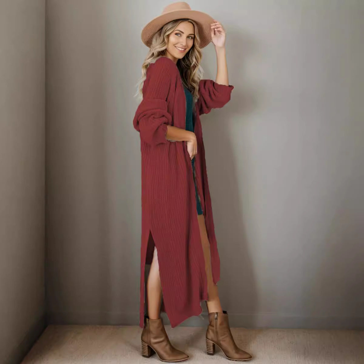 Dames cardigan long en maille décontractée à texture côtelée avec manches ouvertes et poches Chic und Stil