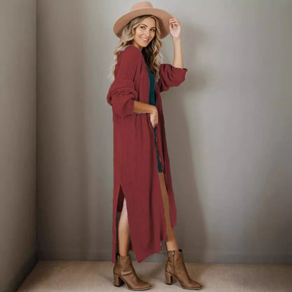 Dames cardigan long en maille décontractée à texture côtelée avec manches ouvertes et poches Chic und Stil