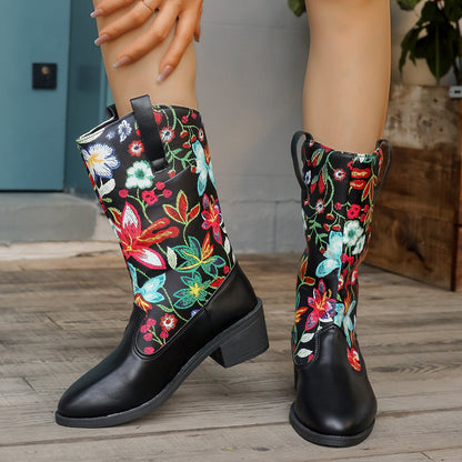 Bottes de cowboy pour femmes avec motif floral brodé et talon bloc confortable Chic und Stil