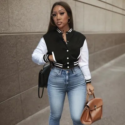 Women's college jacket with contrasting sleeves and a structured collar Chic and Style