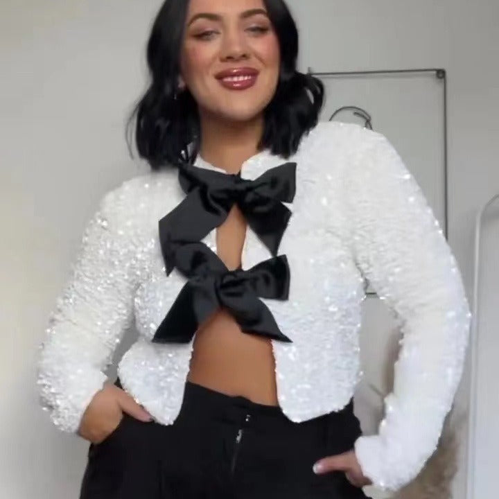 Dames Élégante Veste avec Ornements en Paillettes et Détail de Nœud Chic und Stil