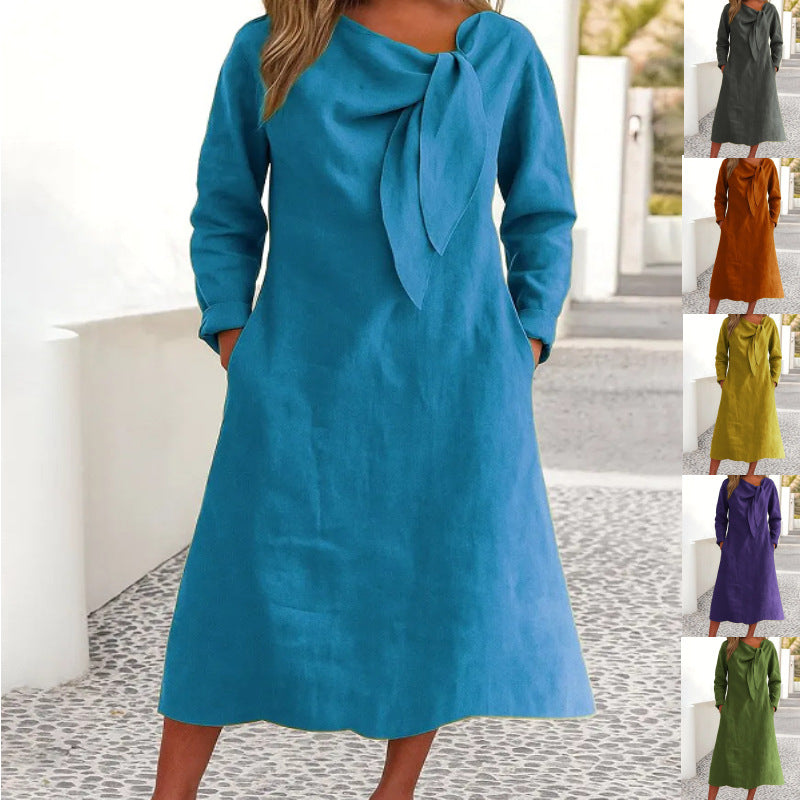Robe en lin élégante pour femmes avec col asymétrique et col châle Chic und Stil