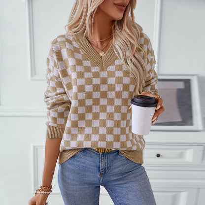 Pull femme décontracté à col en V avec motif à carreaux et coupe ample Chic und Stil