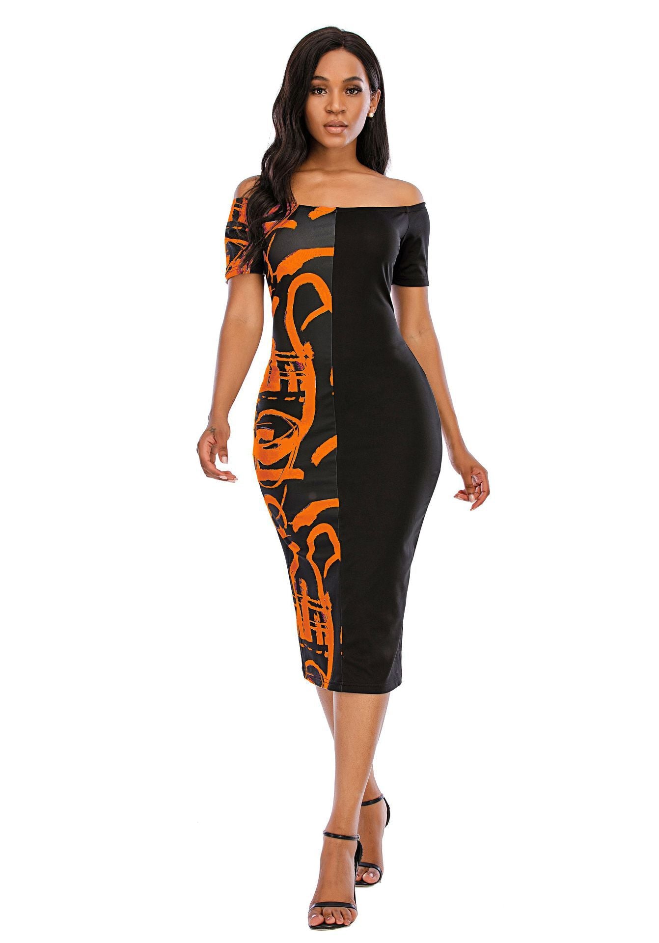 Femme Robe midi élégante à épaules dénudées avec impression graphique et silhouette cintrée Chic und Stil