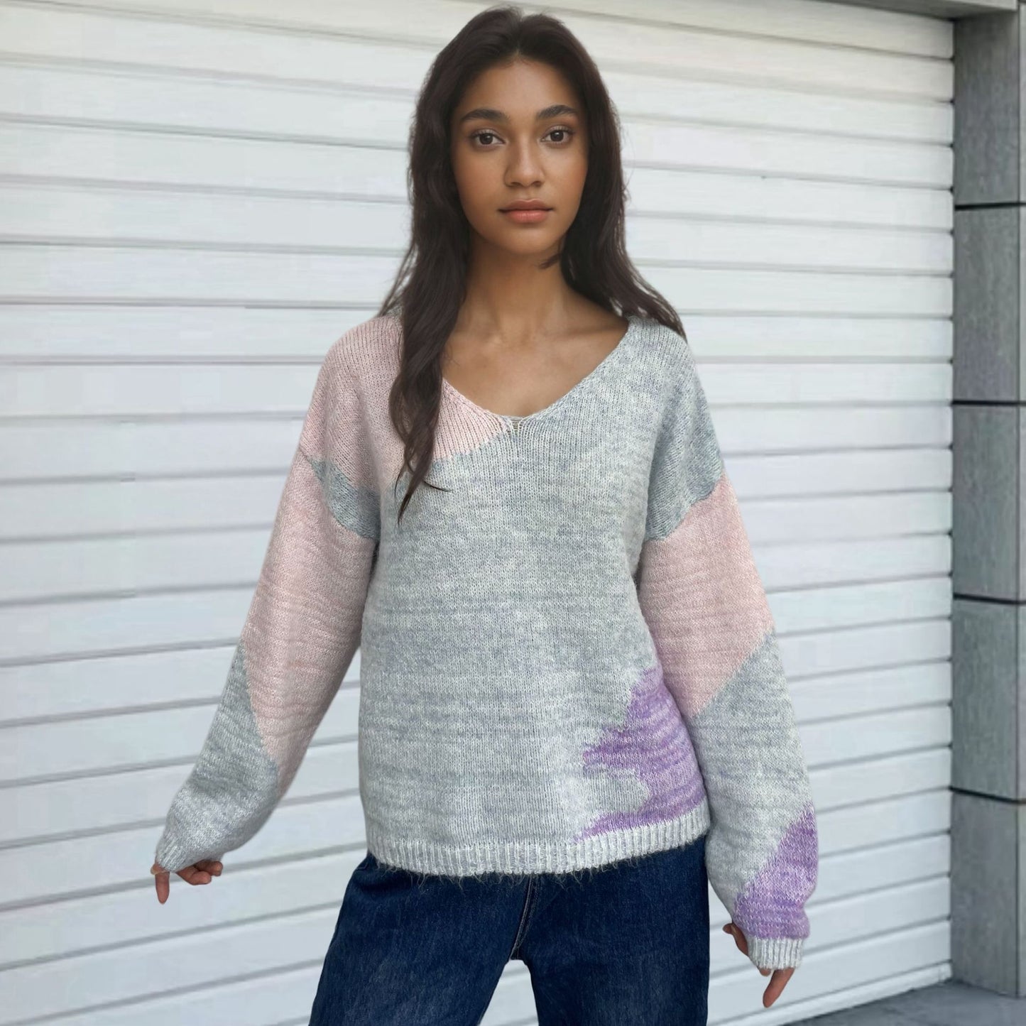 Dames Gros tricot Cardigan avec des éléments modernes de bloc de couleur Chic und Stil