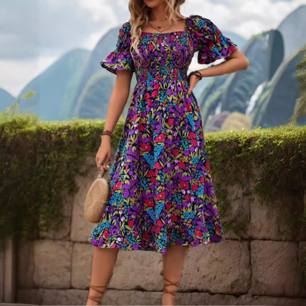 Robe maxi smockée bohème florale pour femmes Chic und Stil