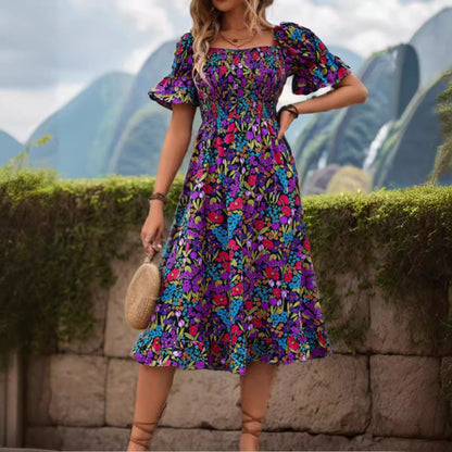 Robe maxi smockée bohème florale pour femmes Chic und Stil