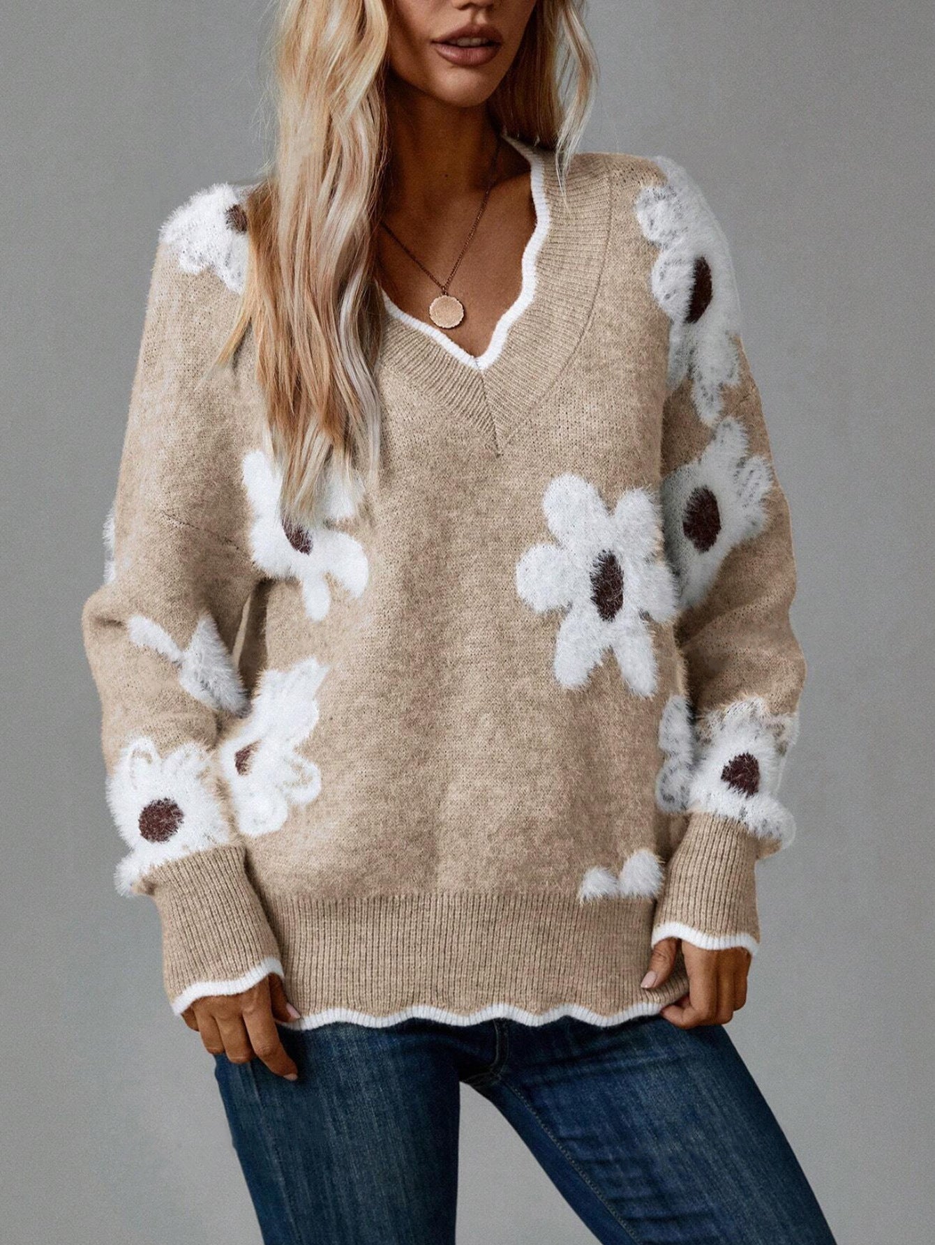 Pull en tricot pour femmes avec design floral et col en V Chic und Stil