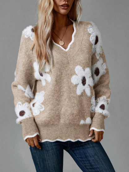 Pull en tricot pour femmes avec design floral et col en V Chic und Stil