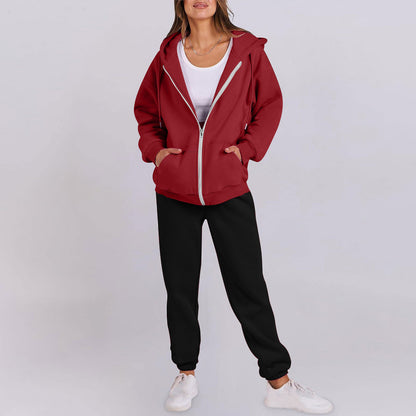 Women's casual zip-up hoodie with a comfortable fit and chic jogger pants