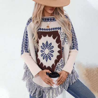 Dames élégant poncho en tricot avec motif artistique et finition à franges Chic und Stil
