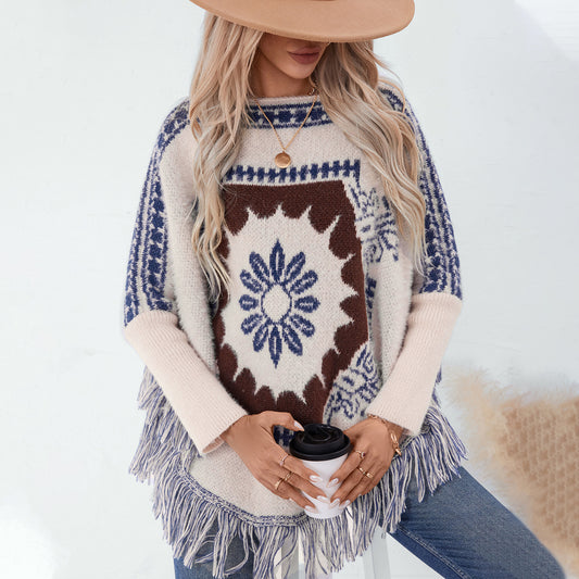 Dames élégant poncho en tricot avec motif artistique et finition à franges Chic und Stil