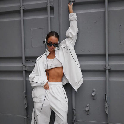 Ladies Oversized Sport Jacket with Loose Pants and Chic Breathable Top