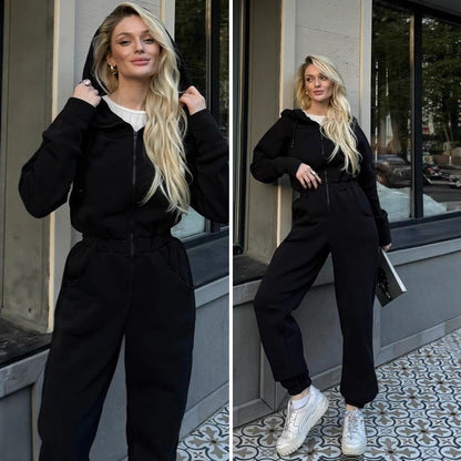 Dames Fleece-Salopette avec capuche et poches pratiques Chic und Stil