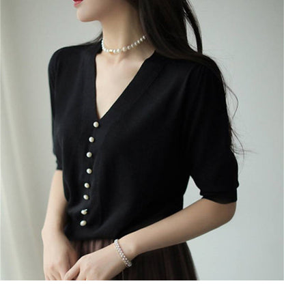 Blouse à col en V à boutons pour femmes avec perles décoratives Chic und Stil
