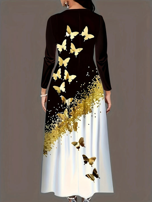 Robe maxi pour dames avec un design élégant de papillon et des accents dorés Chic und Stil