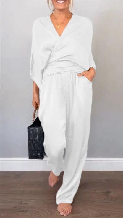 Women Elegant Wrap High-End with Loose Cut and Matching Palazzo Pants Chic and Style