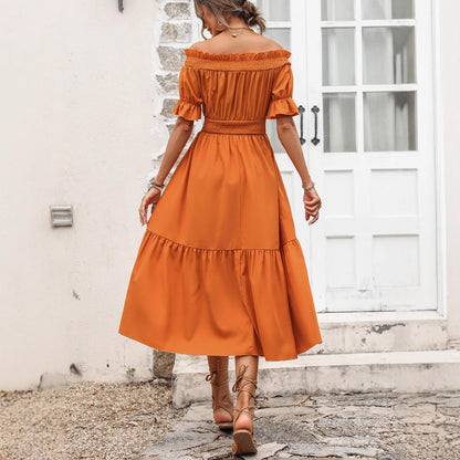 Robe maxi off-shoulder pour dames avec volants et ceinture élastique à la taille Chic und Stil