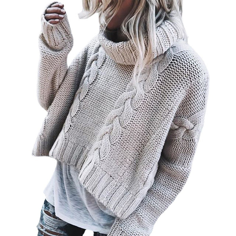 Pull à grosses mailles pour femmes avec col montant et motifs en relief stratégiquement placés.