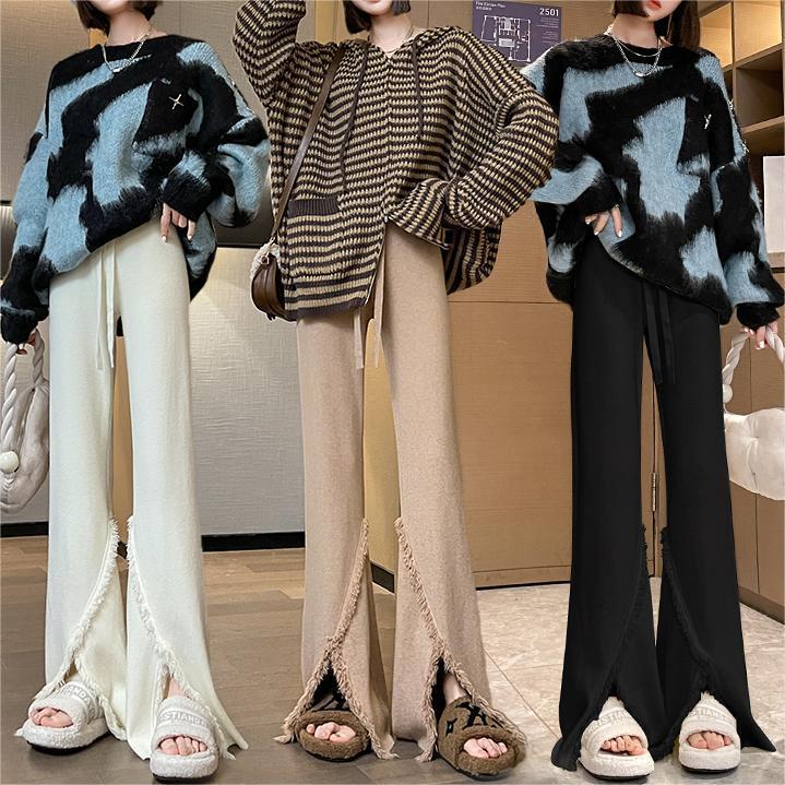 Ladies Elegant Pants with High Side Slits and Chic Fringed Finishes and Style