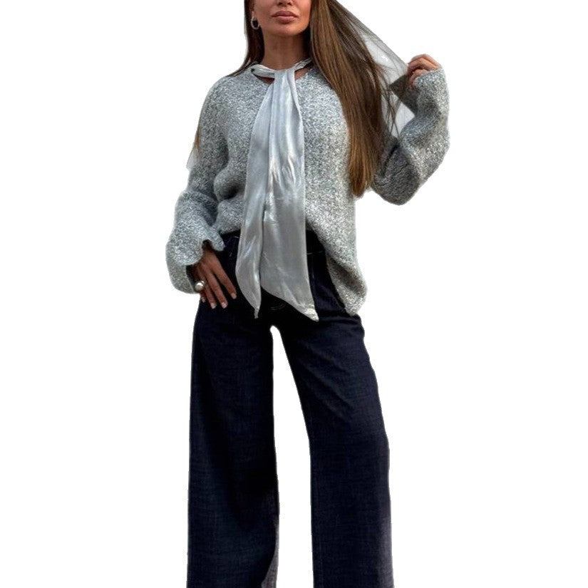 Dames élégant pull en tricot avec écharpe en soie à la mode Chic und Stil