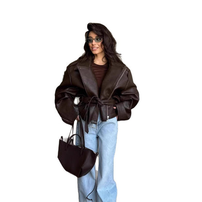 Ladies oversized leather jacket with waist belt Chic and Style