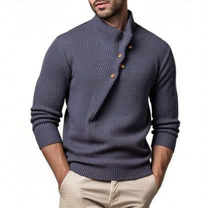Trendy knitted pullover for men with high collar and asymmetric button placket Chic und Stil