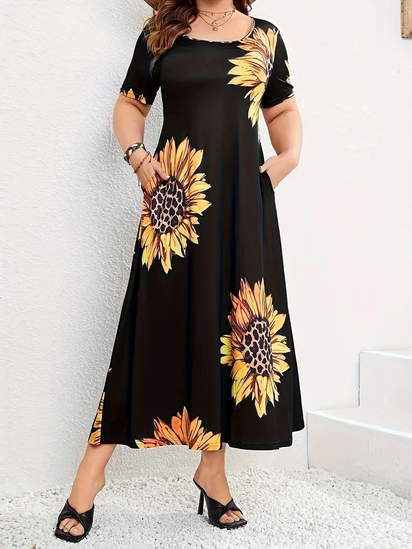 Robe maxi d'été pour femmes avec motif floral de tournesols et poches pratiques Chic und Stil