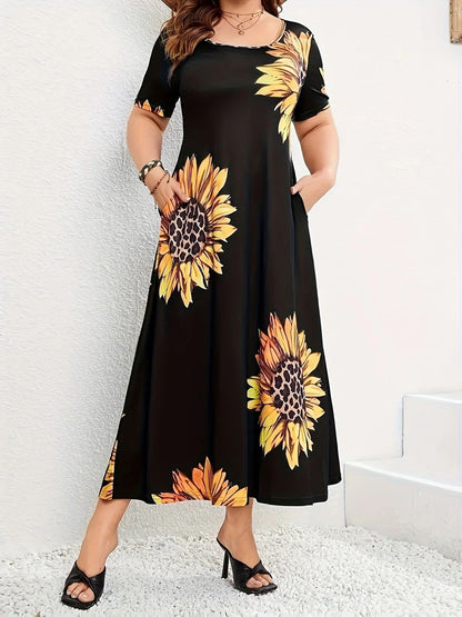 Robe maxi d'été pour femmes avec motif floral de tournesols et poches pratiques Chic und Stil