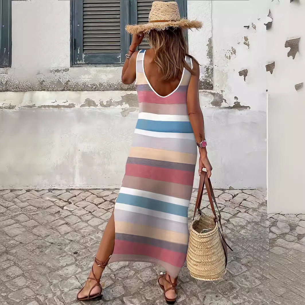 Robe maxi pour femmes avec un motif rayé à la mode et une belle fente Chic und Stil