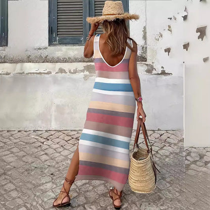 Robe maxi pour femmes avec un motif rayé à la mode et une belle fente Chic und Stil