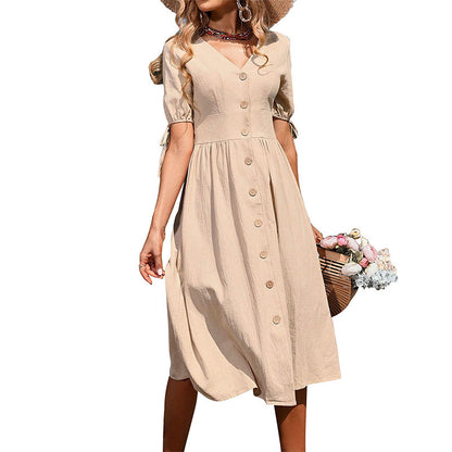 Robe midi A-ligne à boutons pour dames avec liens
