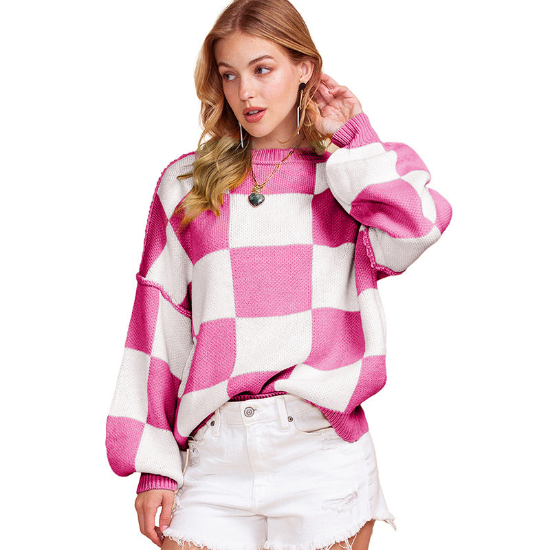 Pull oversized pour femmes à motif écossais et manches volumineuses Chic und Stil