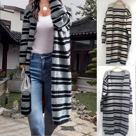 Dames cardigan plus long tricoté avec des détails modernes de rayures Chic und Stil