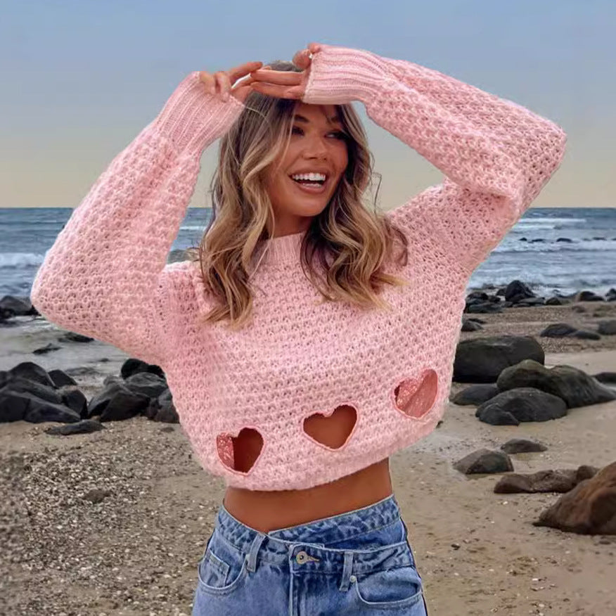 Pull en tricot grossier pour femmes avec décorations en forme de cœur et coupe décontractée Chic und Stil