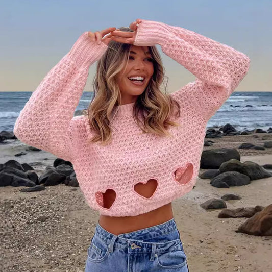 Pull en tricot grossier pour femmes avec décorations en forme de cœur et coupe décontractée Chic und Stil