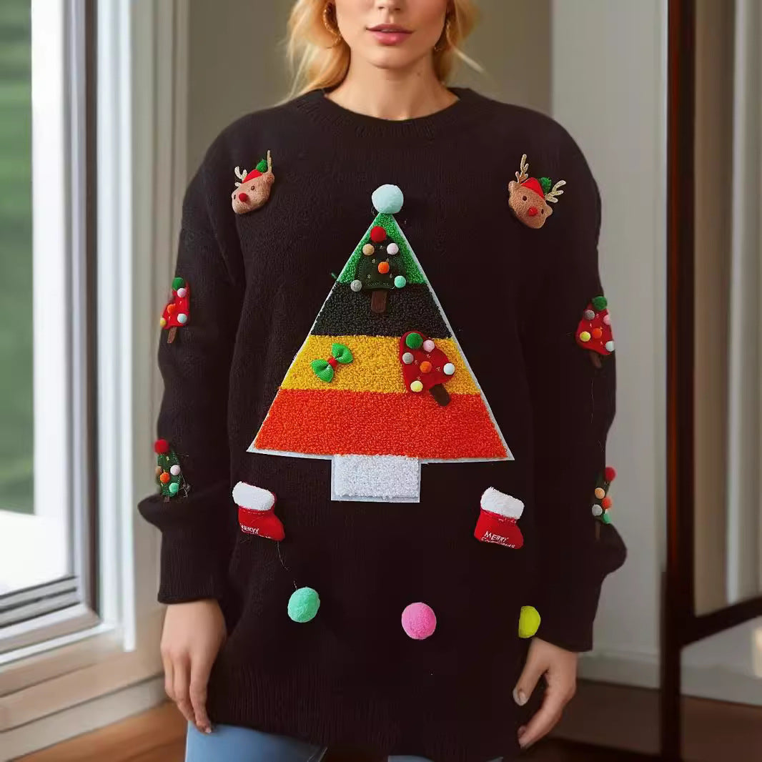 Pull de Noël pour femmes avec un design de sapin de Noël joyeux et des applications 3D Chic und Stil