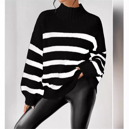 Dames gros tricot pull avec des rayures à la mode et un grand col Chic und Stil