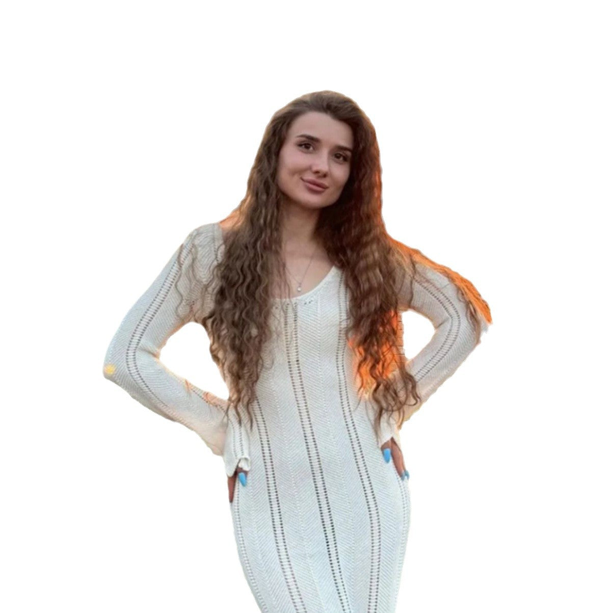Robe maxi en tricot pour femmes avec un motif ajouré raffiné et un profond décolleté en V Chic und Stil
