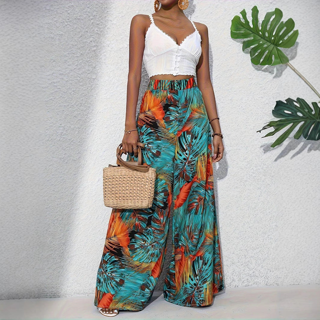 Palazzo Pants for Women with a Lively Palm Pattern and an Elastic High Waist Chic and Style